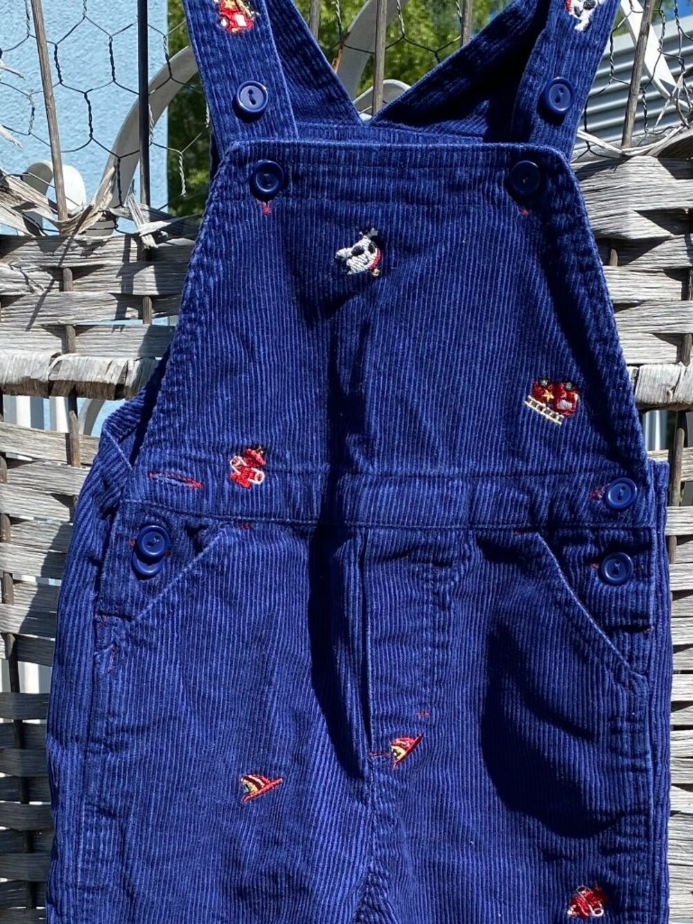 B.T. Kids Blue Corduroy Overalls Fire Truck Dalmation Dog 24 Months Toddler Boys